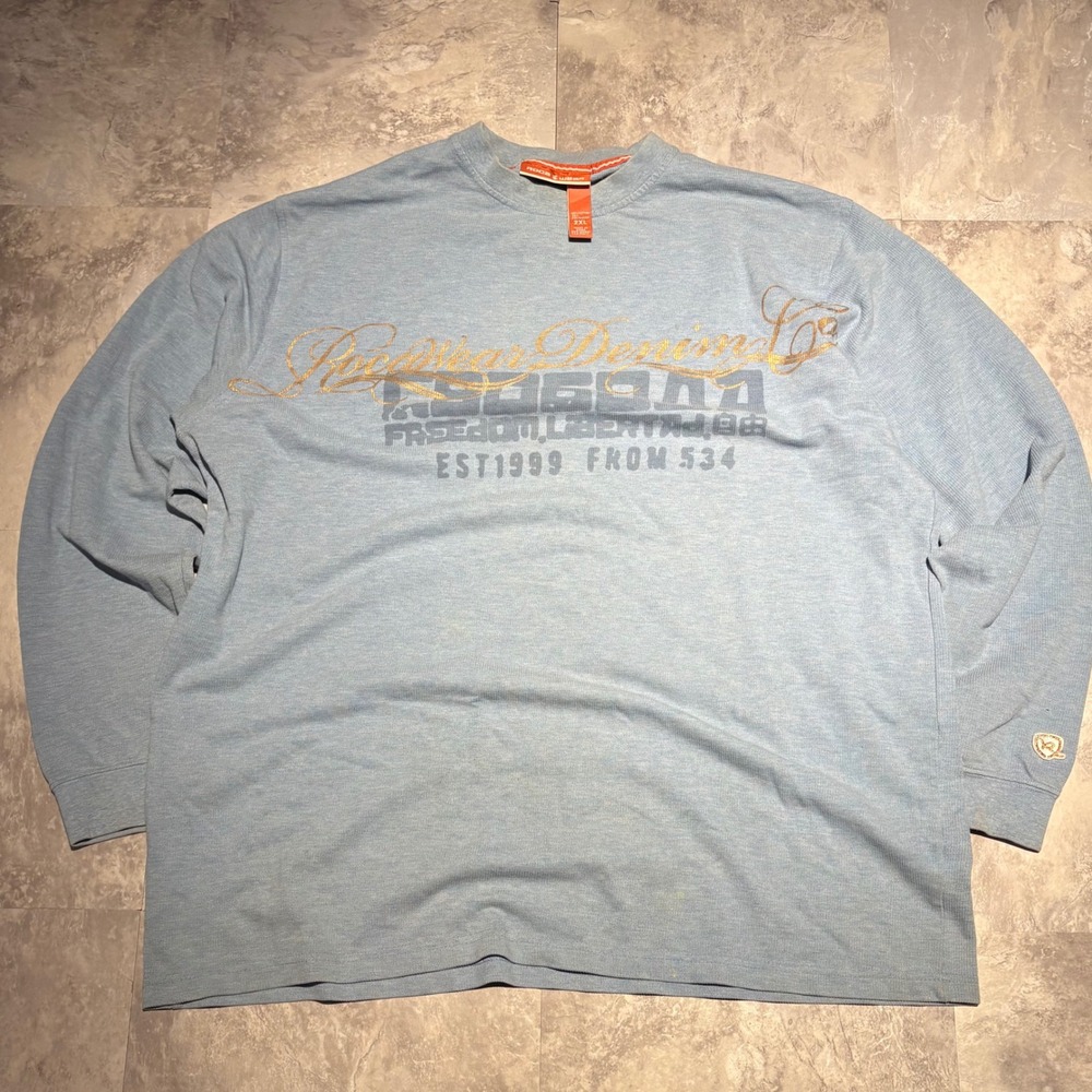 Rocawear Denim Co Mens 2XL Blue Thermal Long Sleeve Graphic Shirt Vintage Y2K